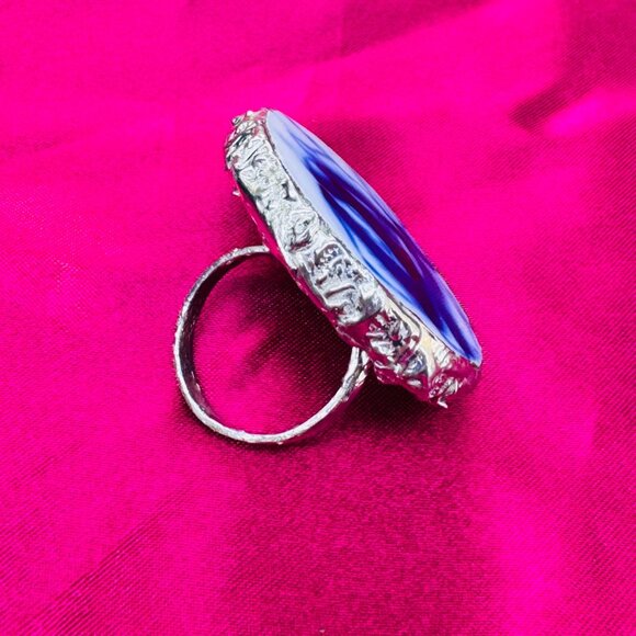 Artisan Silver & Blue Willow China Statement Cocktail Rose Ring Size 9 - Picture 8 of 16
